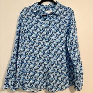 Charter Club Luxury Blue Bird Long Sleeve Button Shirt-Womens Large- 100% Linen